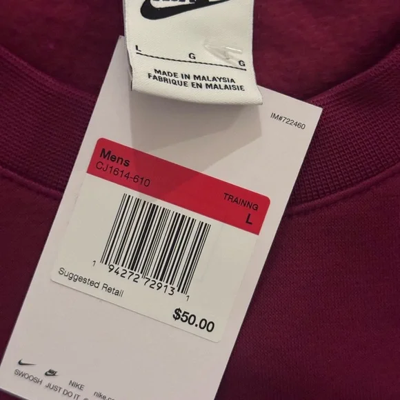 NWT Nike Club Fleece Crewneck Sweatshirt Cardinal/White LARGE - Picture 4 of 6